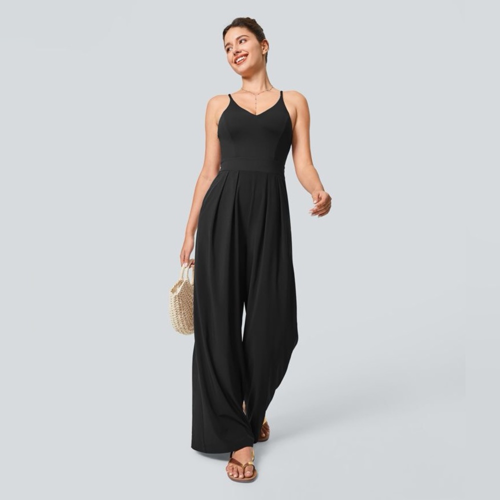 NEW HALARA Breezeful™ Wide Leg Resort Slip Black Women's Jumpsuit Sz XS